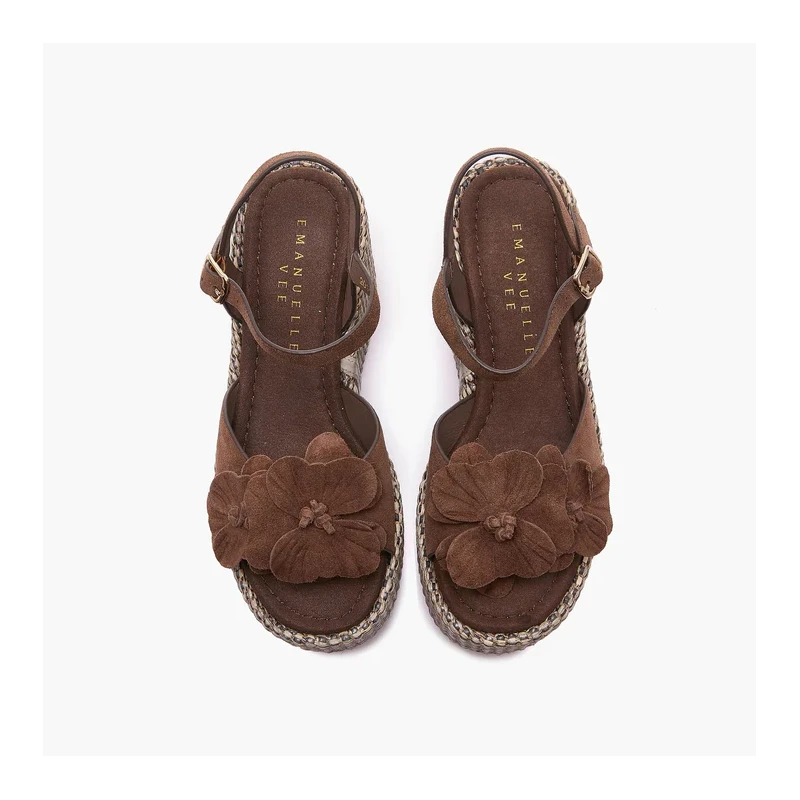 EMANUELLE VEE - Sandalo marrone con zeppa in raffia -