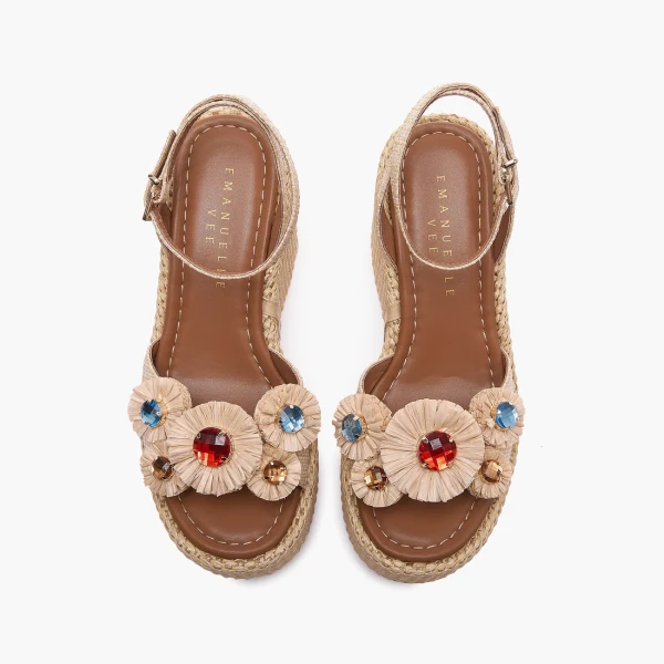 EMANUELLE VEE - Sandalo beige in raffia con pietre colorate -