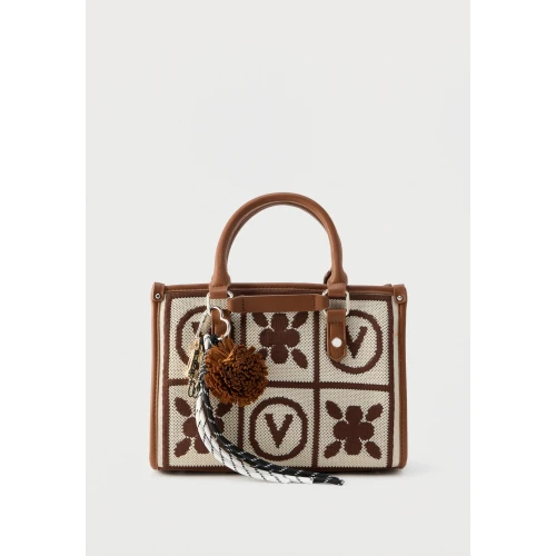 Borsa beige e cuoio in tessuto