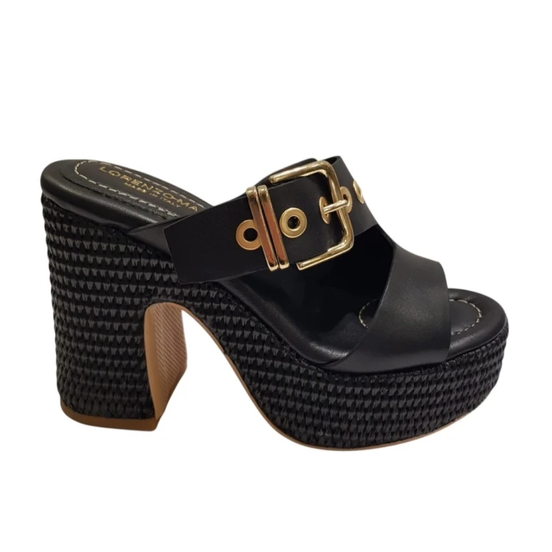 LORENZO MARI - Sandalo nero in raffia con plateau - peonia 09