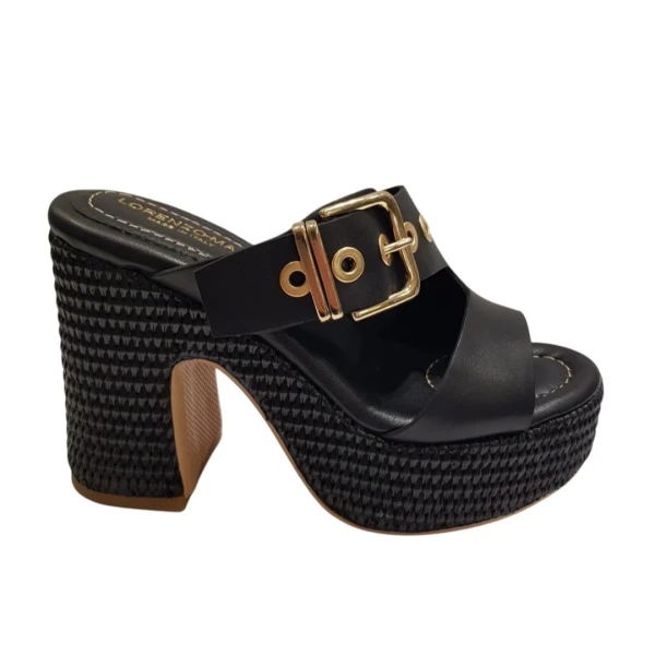 LORENZO MARI - Sandalo nero in raffia con plateau - peonia 09