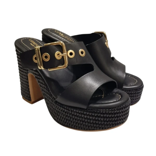 LORENZO MARI - Sandalo nero in raffia con plateau - peonia 09
