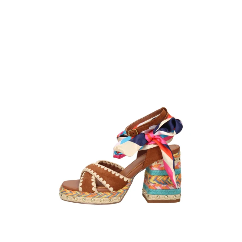 EXE' - Sandalo cuoio con riporti in raffia colorati - 
