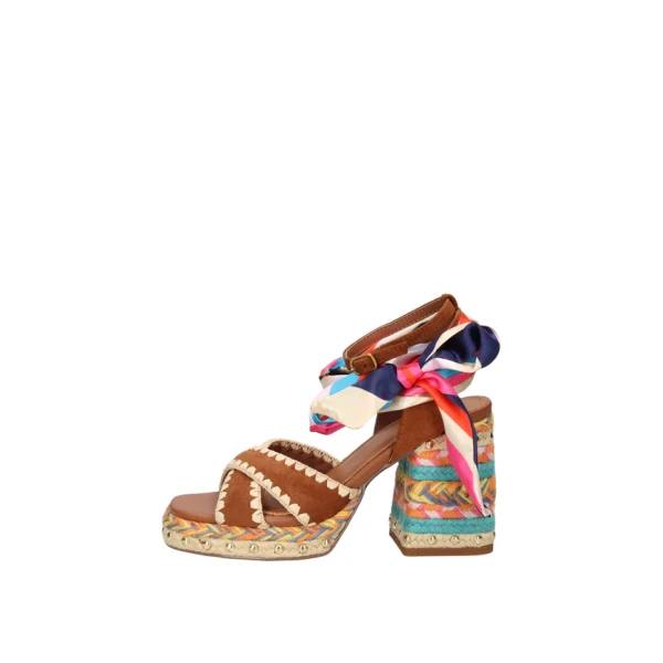 EXE' - Sandalo cuoio con riporti in raffia colorati - 