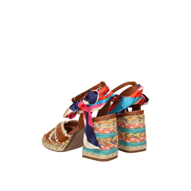 EXE' - Sandalo cuoio con riporti in raffia colorati - 