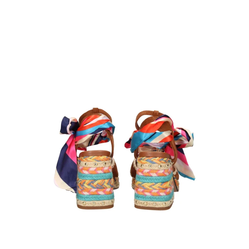 EXE' - Sandalo cuoio con riporti in raffia colorati - 
