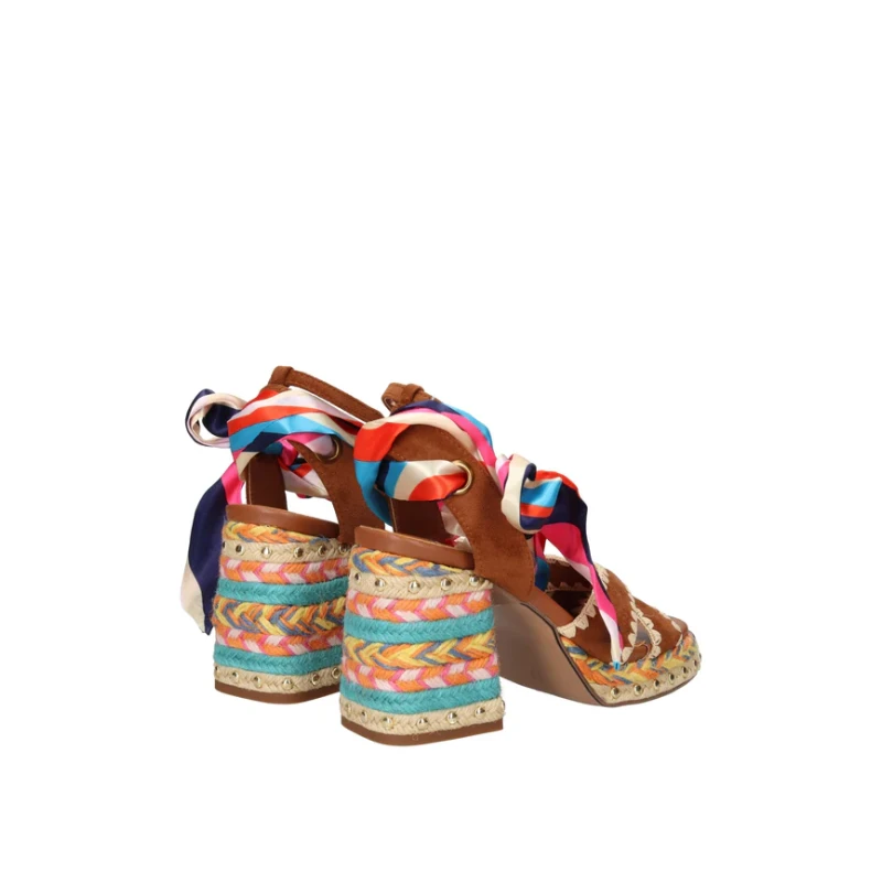 EXE' - Sandalo cuoio con riporti in raffia colorati - 