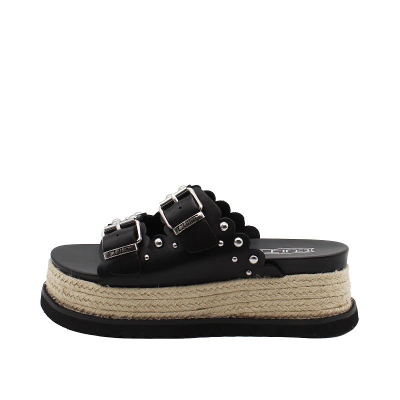 CULT - Ciabatta nera in pelle con borchie e zeppa in corda -