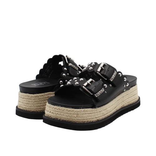 Ciabatta nera in pelle con borchie e zeppa in corda 2