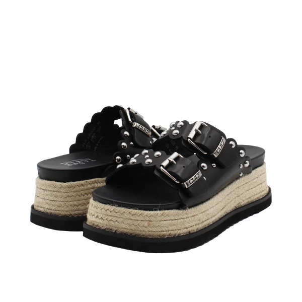 CULT - Ciabatta nera in pelle con borchie e zeppa in corda -
