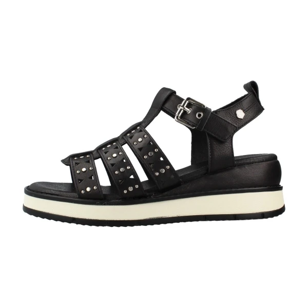 CARMELA - Sandalo nero in pelle traforata e borchie con zeppa -