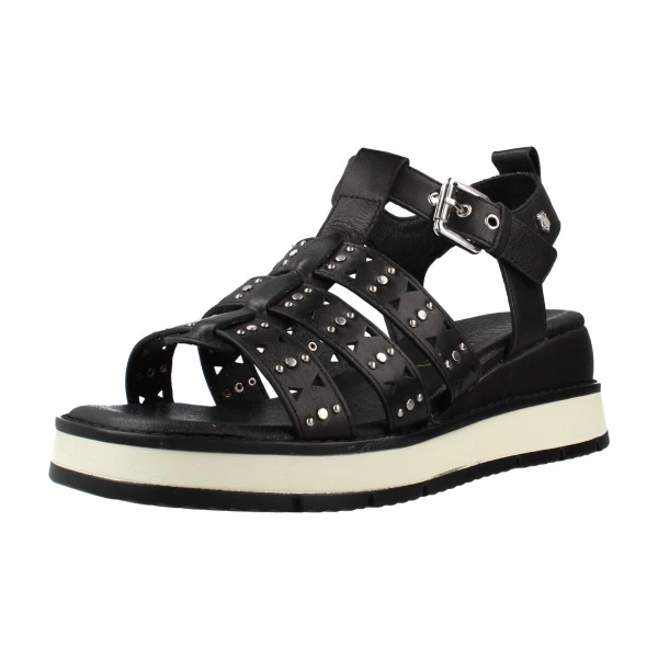 CARMELA - Sandalo nero in pelle traforata e borchie con zeppa -